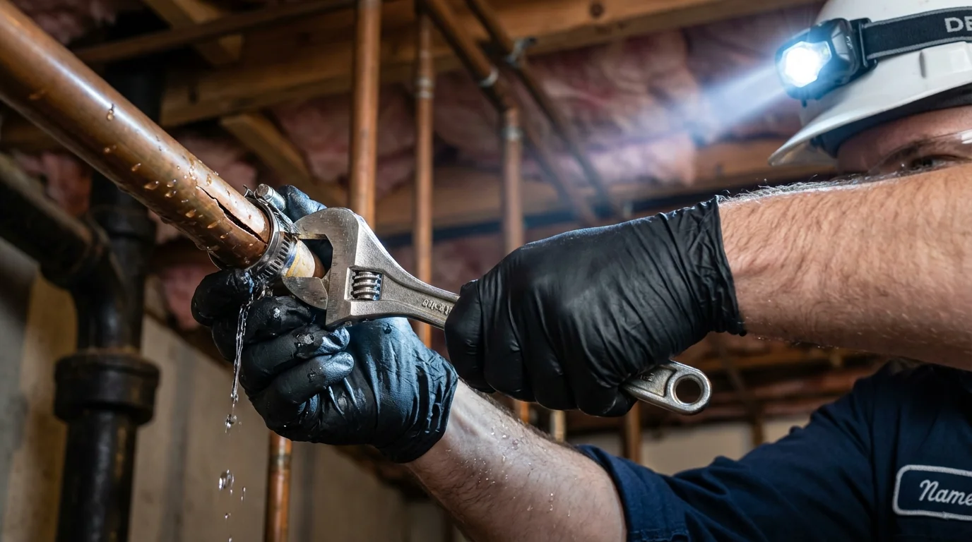 Emergency pipe clamp repair being performed by a Johns Plumbing LLC plumber in Centreville