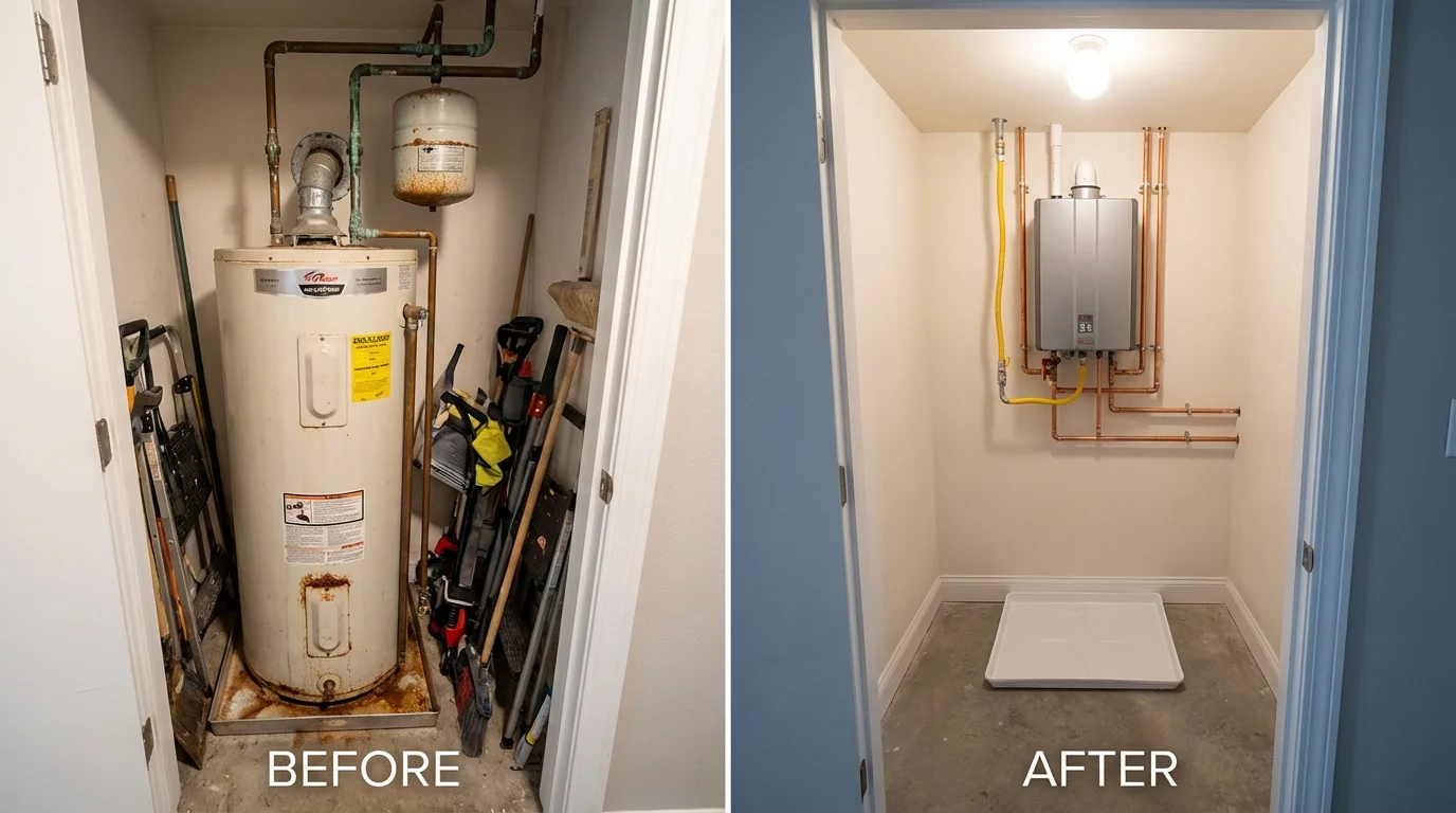 Tank water heater versus wall-mounted tankless unit comparison for Centreville, VA homeowners