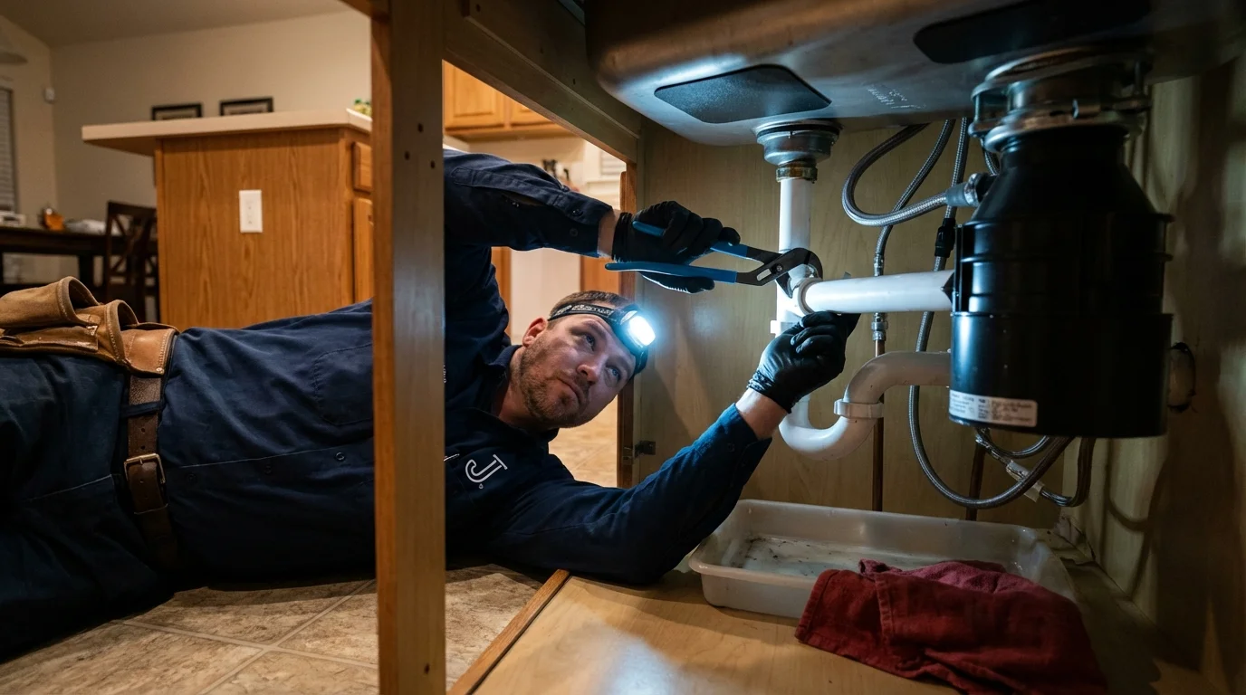 P-trap and supply line connections under a kitchen sink showing a common leak point in Centreville, VA